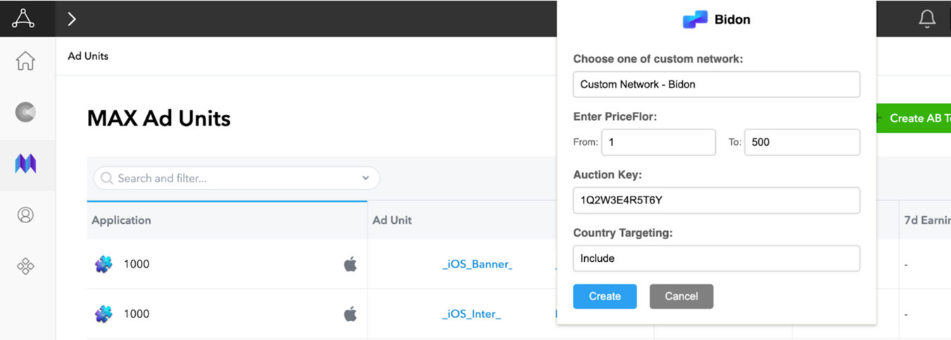Choose the Custom Network BidOn (CA) to configure and set the price range